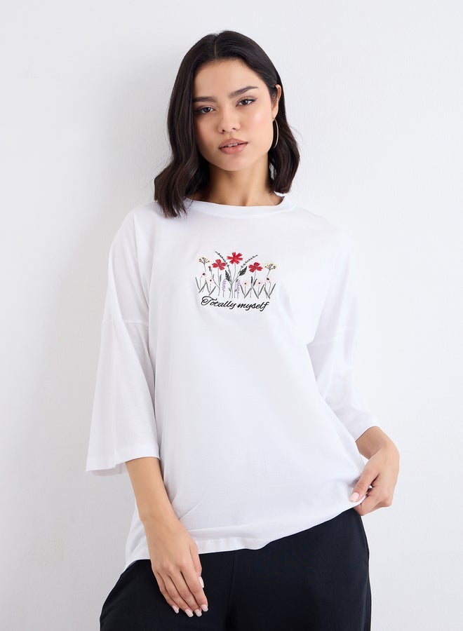 Styli Women White Embroidered Detail Oversized T-Shirt - Image 1
